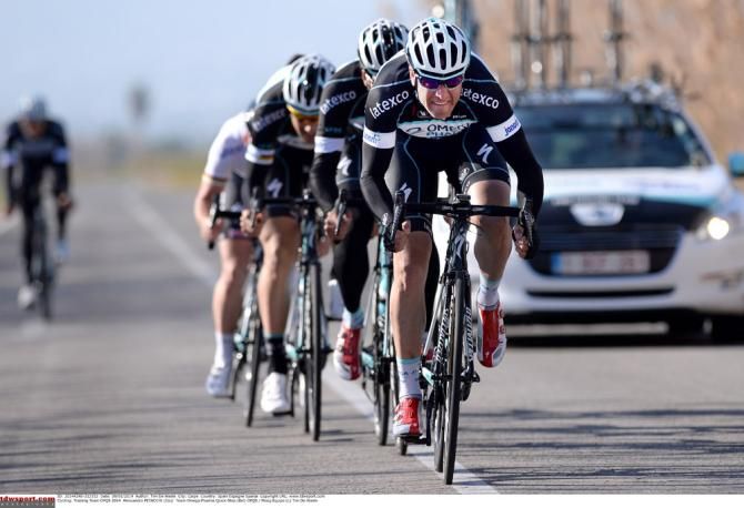 A bit of lead-out work at camp for Omega Pharma-QuickStep with Mark Cavendish tucked in on the back