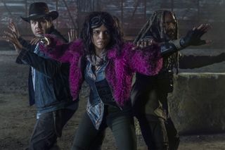 Josh McDermitt as Eugene, Paola Lázaro as Princess, and Khary Payton as Ezekiel in The Walking Dead