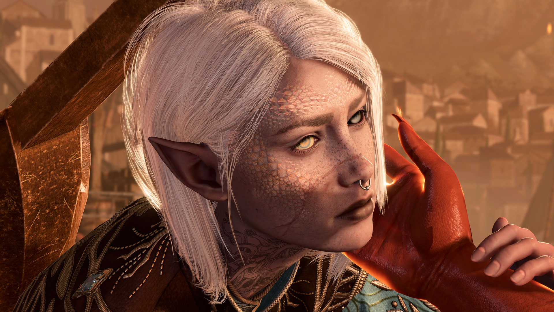 Baldur's Gate 3 - Tav with Karlach's hand against her cheek