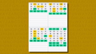 Quordle daily sequence answers for game 784 on a yellow background