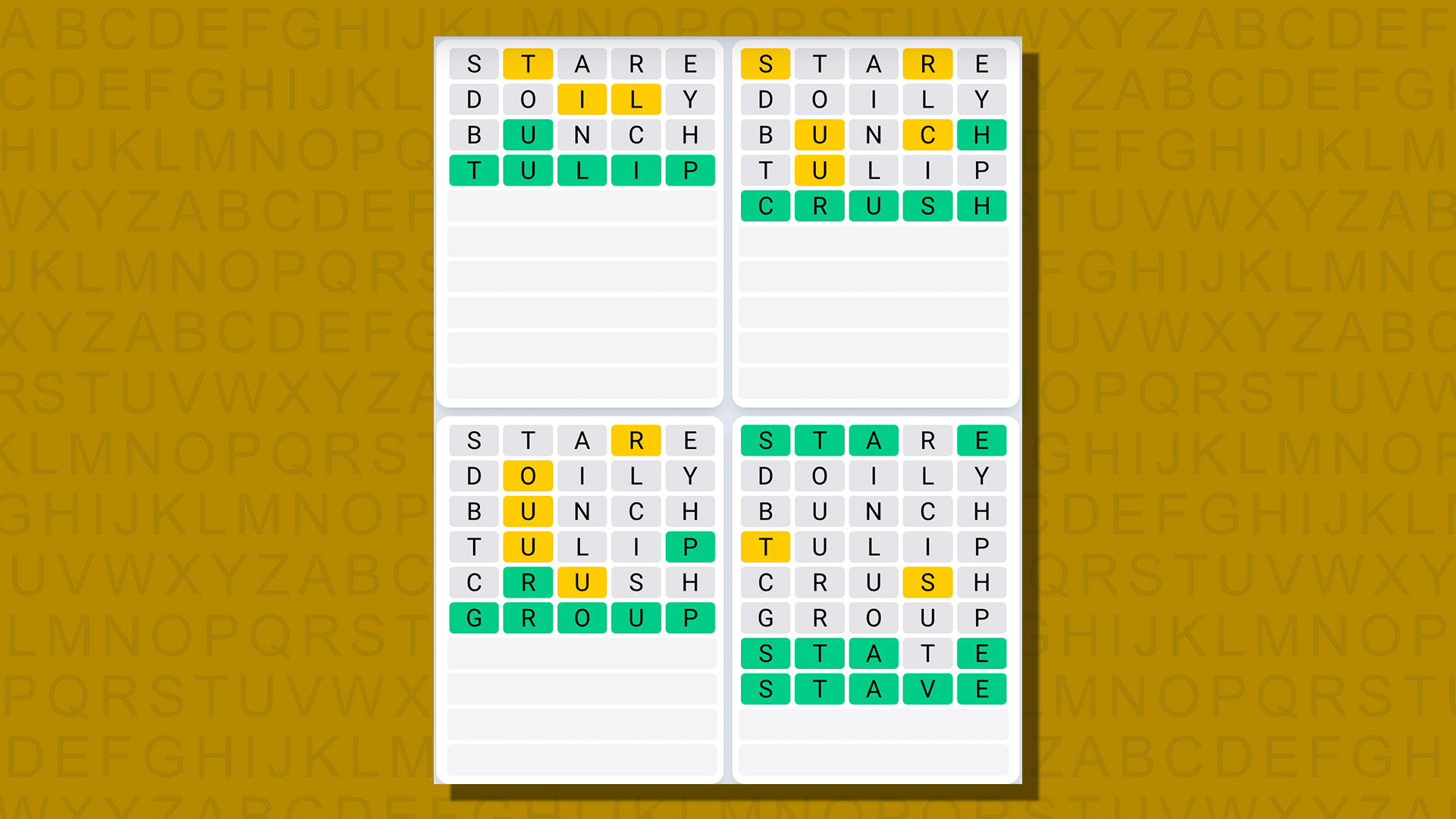 Quordle daily sequence answers for game 784 on a yellow background
