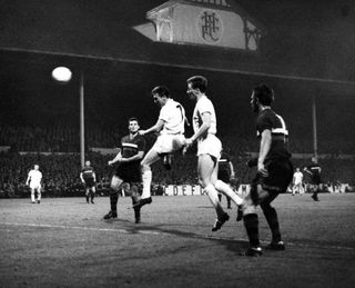 Cliff Jones heads in a goal for Tottenham against Gornik Zabrze at White Hart Lane in the 1961/62 European Cup preliminary round