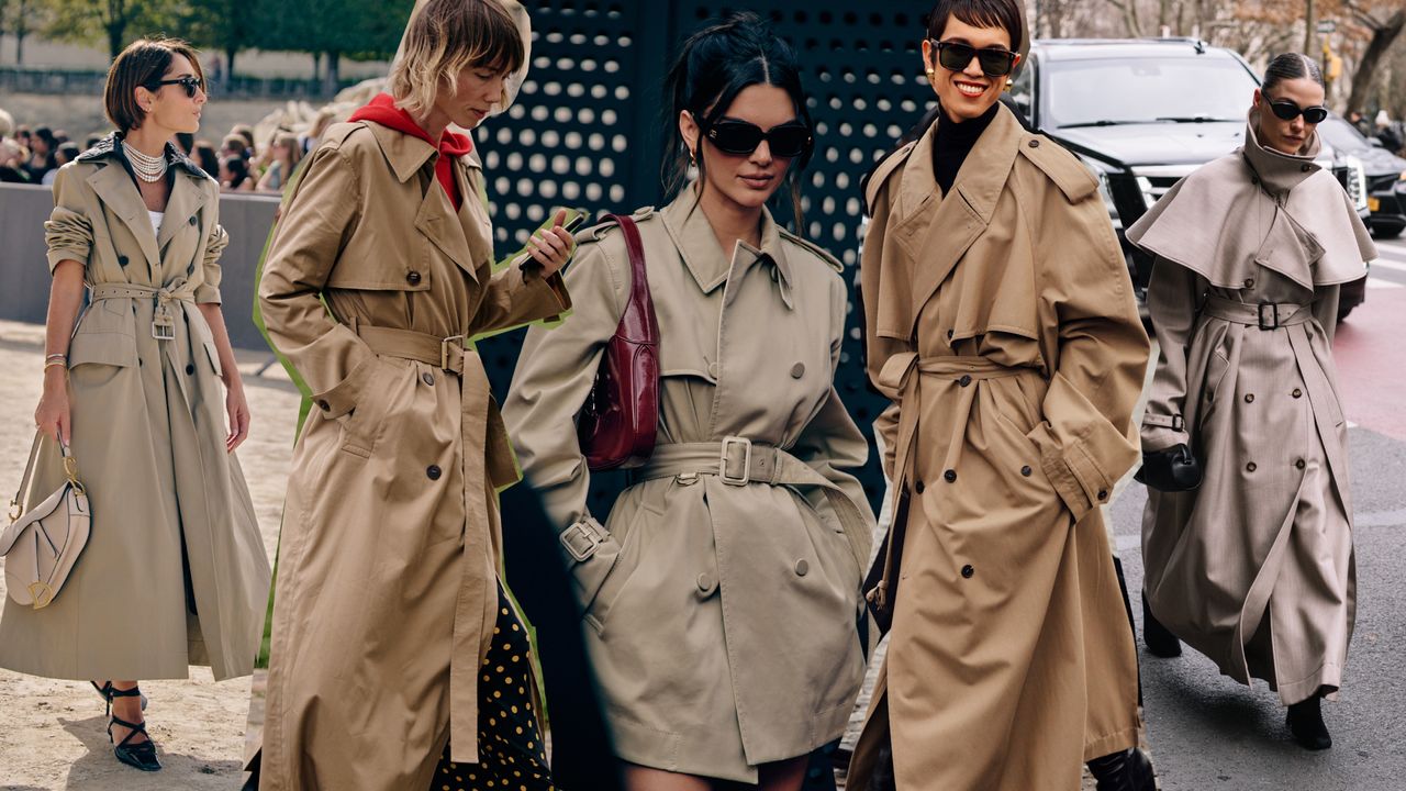 graphic of women wearing tan trench coats at fashion week