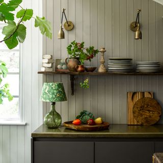 Rustic kitchen with wooden counter top, a green lamp and plants
