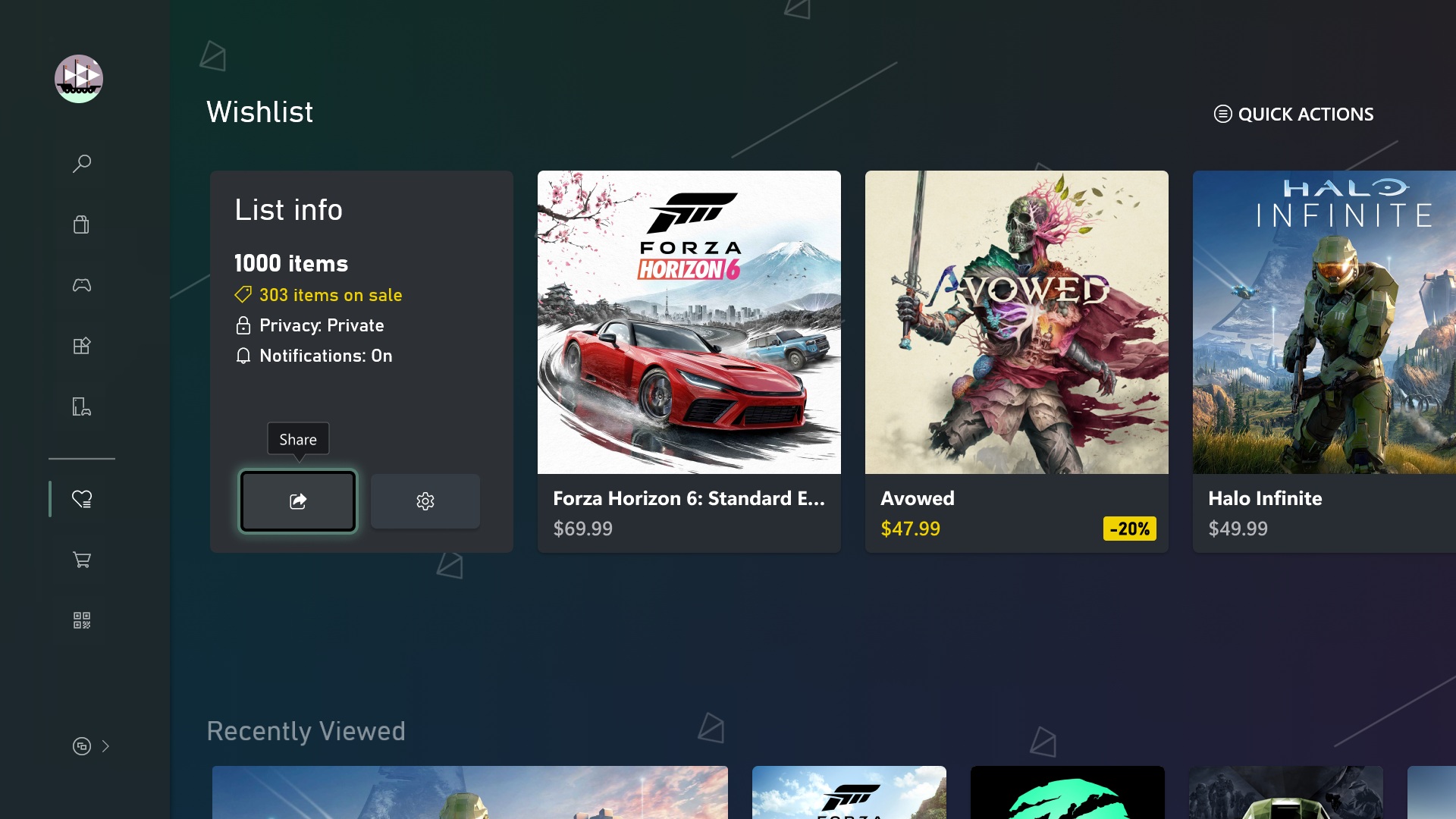 An Xbox menu screen showing an Xbox's player's game wishlist