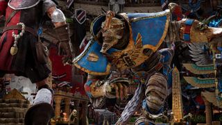 An armored mummy prepares to tackle another player on the Blood Bowl pitch