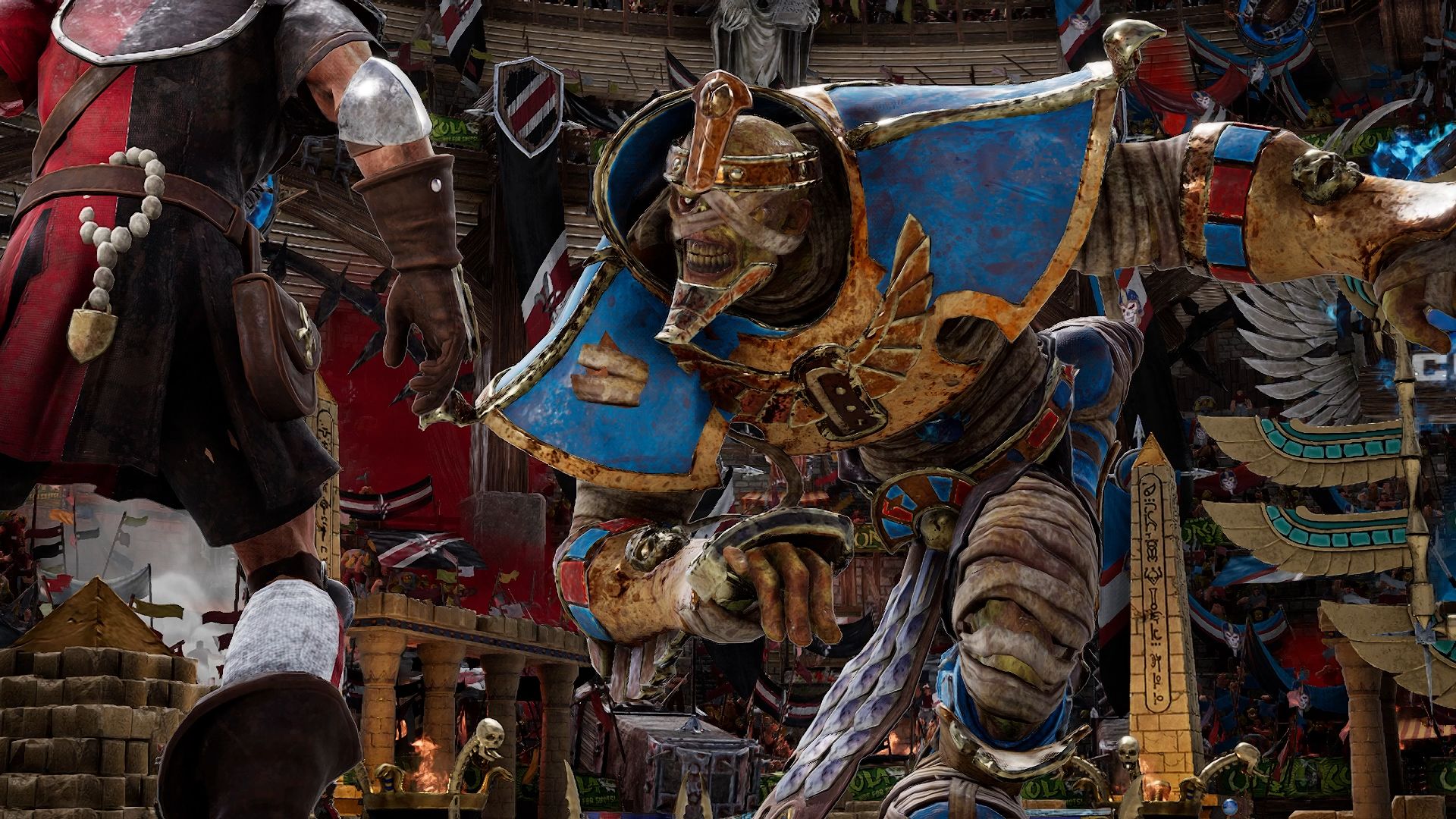An armored mummy prepares to tackle another player on the Blood Bowl pitch 