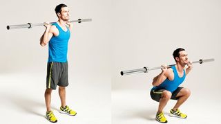 Man demonstrates two positions of the back squat using an empty Olympic barbell