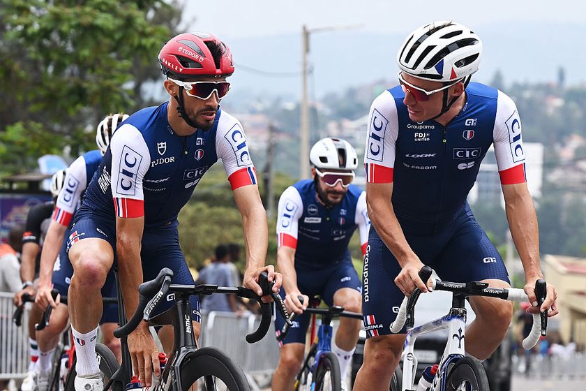 KIGALI, RWANDA - SEPTEMBER 24: (L-R) Julian Alaphilippe and Valentin Madouas of Team France during the training prior to the 98th UCI Cycling World Championships Kigali 2025 - Previews, on September 24, 2025 in Kigali, Rwanda. (Photo by Dario Belingheri/Getty Images)