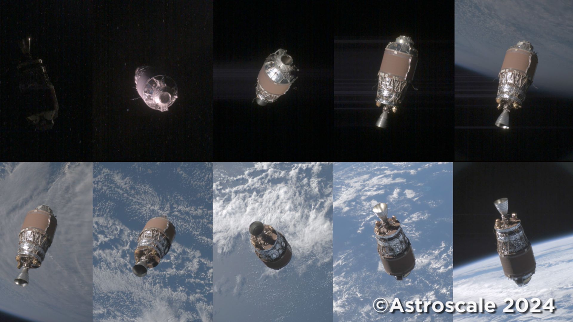 collage of 10 photos taken by a satellite, showing a rocket body tumbling in earth orbit