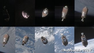 網站平台 從日本的Astroscale ADRAS-J衛星看到，一個舊的火箭體在地球上空翻滾。