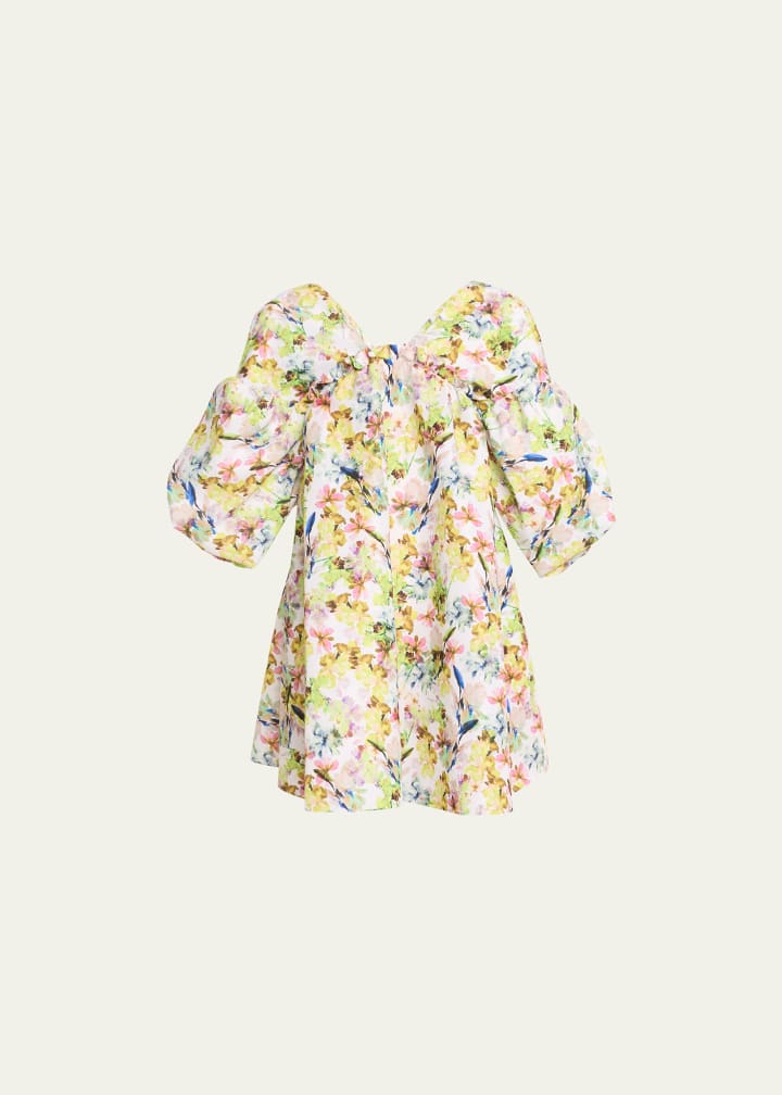 Annie Watercolor Floral Balloon-Sleeve Mini Dress