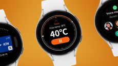 Three Samsung Galaxy Watches on an orange background