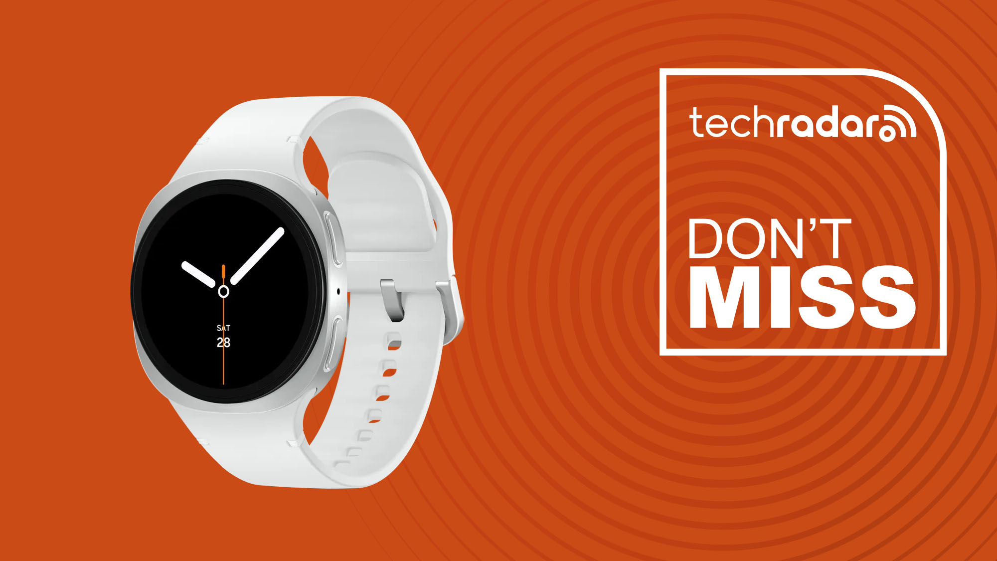 Samsung Galaxy Watch 8 in silver with white band on orange background and TechRadar don't miss sign