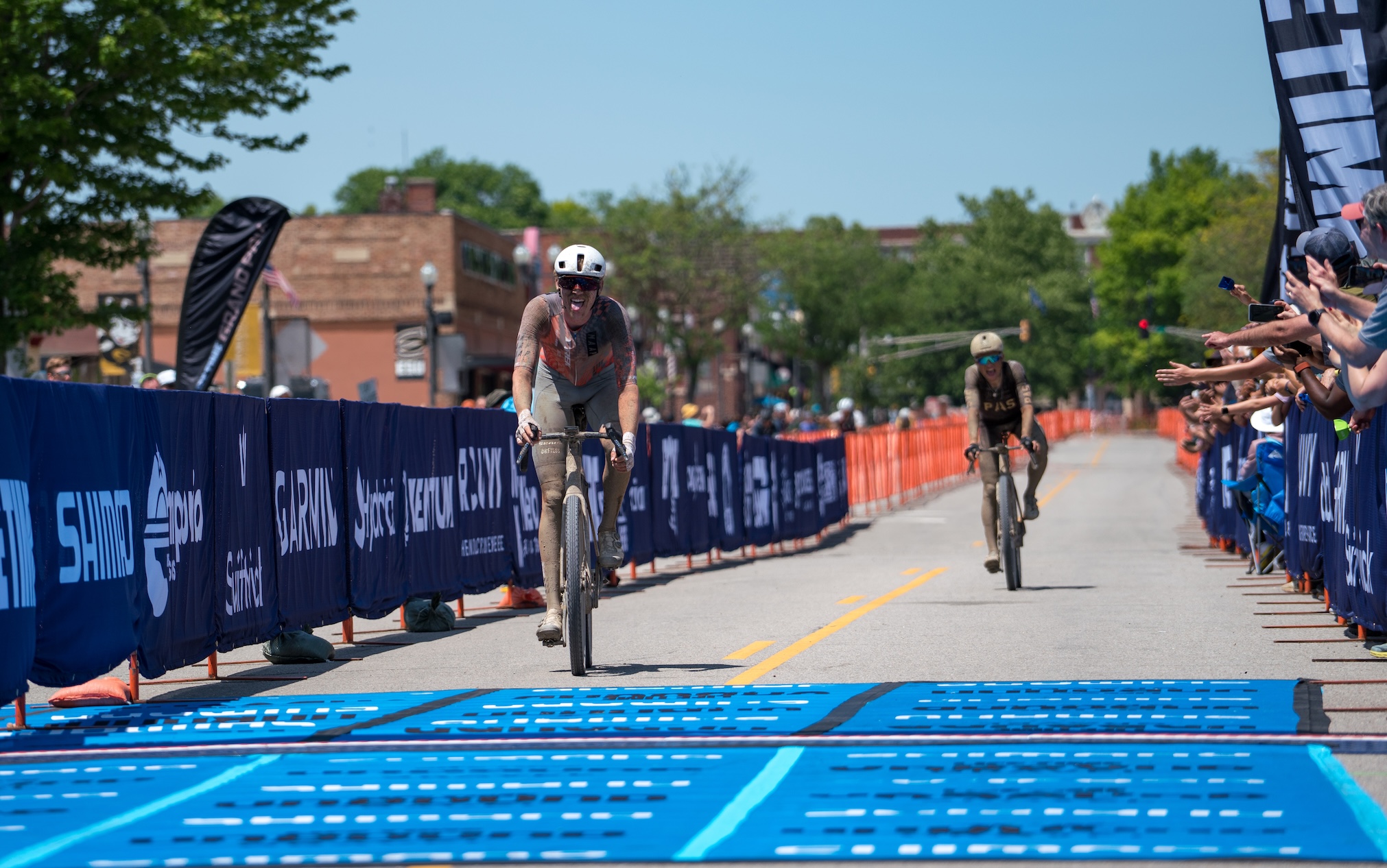 Torbjørn Røed (Trek Driftless) outsprints Mads Würtz-Schmidt (PAS Racing) on Commercial Street for third place in men's 200