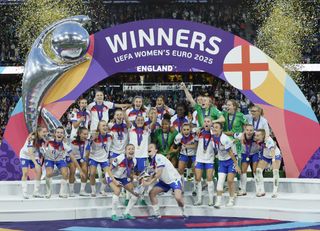 England celebrate their Euro 2025 victory with the trophy