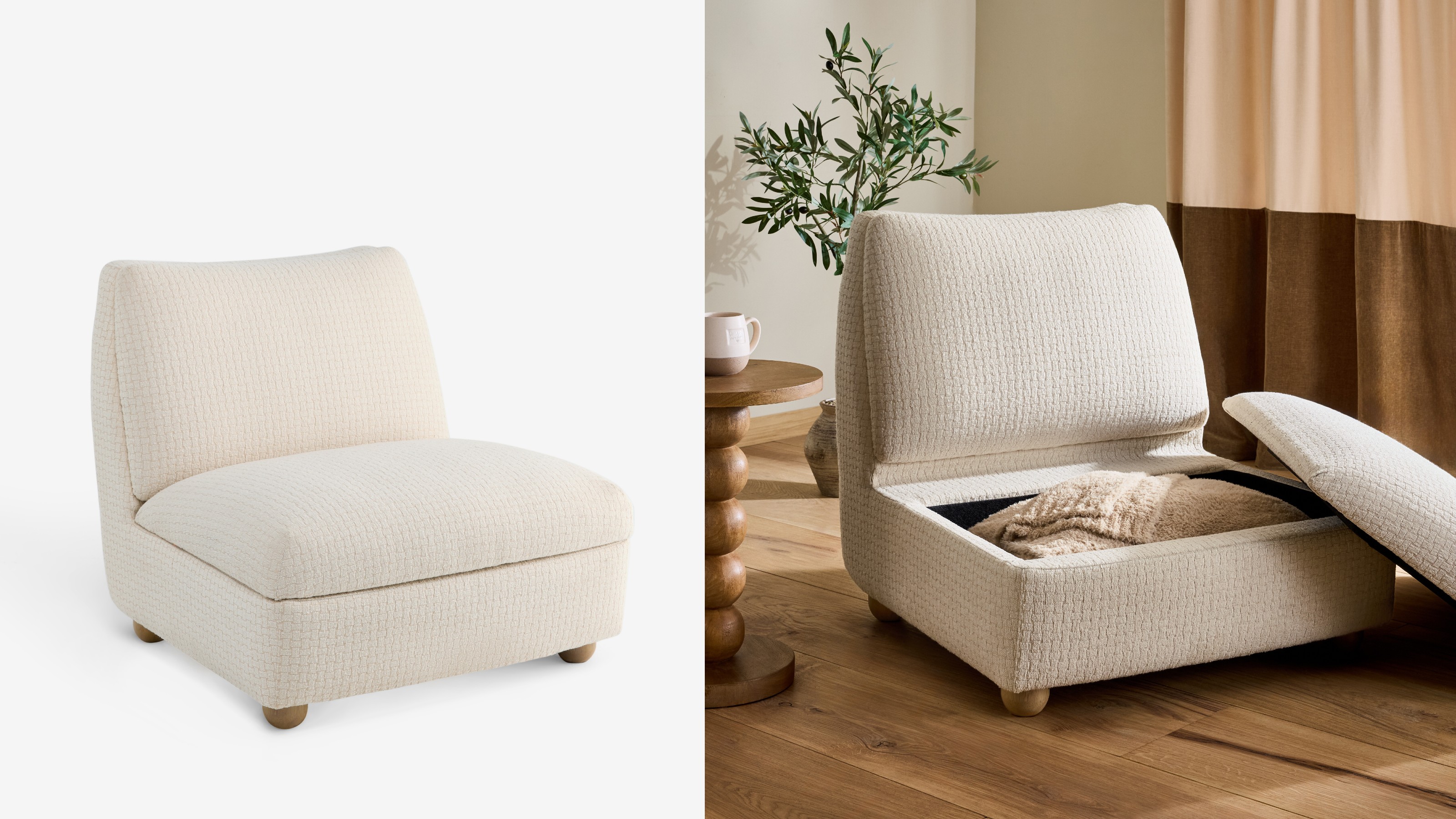 Next Clemmie storage accent chair on a white background and next to it the same chair is open in a living room with a bobbin side table next to it