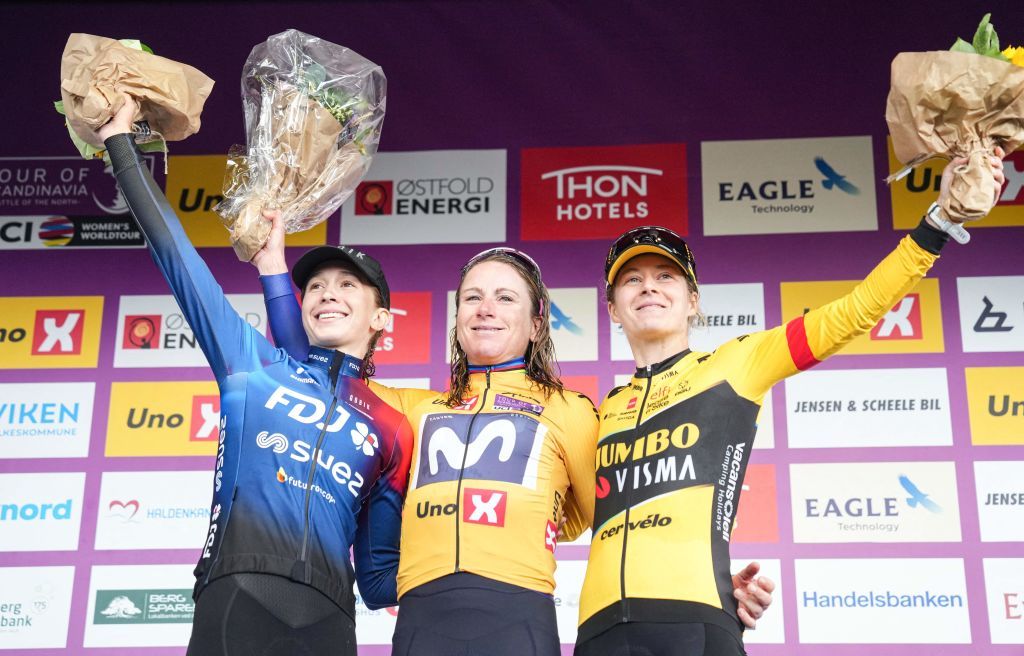 Overall LR second placed FDJSuezs Danish Cecilie Ludwig Uttrup winner Movistars Dutch Annemiek Van Vleuten third placed JumboVismas Dutch Amber Kraak celebrate on the podium after the womens 5th stage and final cycle race of the Tour of Scandinavias from Middelfart to Haderslev on August 27 2023 Photo by Claus Fisker Ritzau Scanpix AFP Denmark OUT Photo by CLAUS FISKERRitzau ScanpixAFP via Getty Images