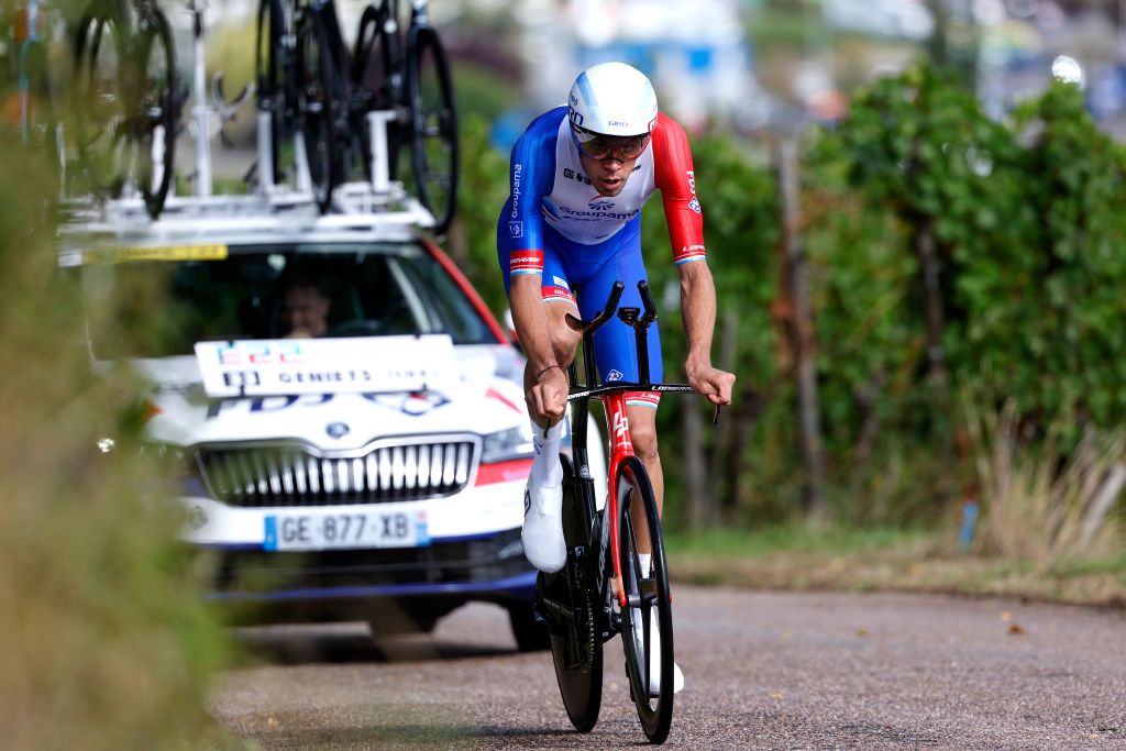 REMICH LUXEMBOURG SEPTEMBER 16 Kevin Geniets of Luxembourg and Team Groupama FDJ sprints during the 82nd Skoda Tour Luxembourg 2022 Stage 4 a 261km individual time trial stage from Remich to Remich on September 16 2022 in Remich Luxembourg Photo by Bas CzerwinskiGetty Images