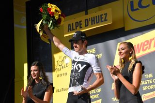 Geraint Thomas celebrates his stage win in Alpe d'Huez
