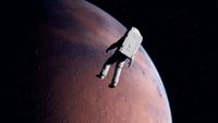 An illustration of an astronaut in space floating above a red planet.