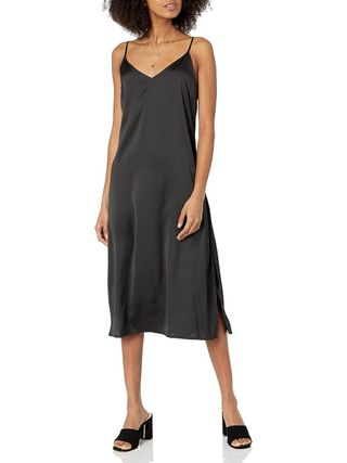 The Drop Women's Ana Silky V-Neck Midi Slip Dress Dress, -Black, Xxs