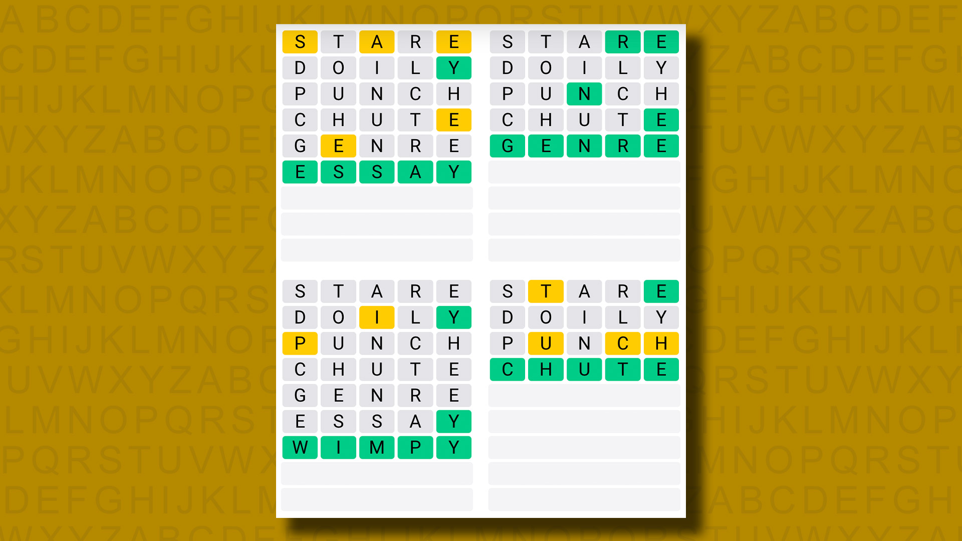 Respuestas de Quordle para el juego 964 sobre fondo amarillo