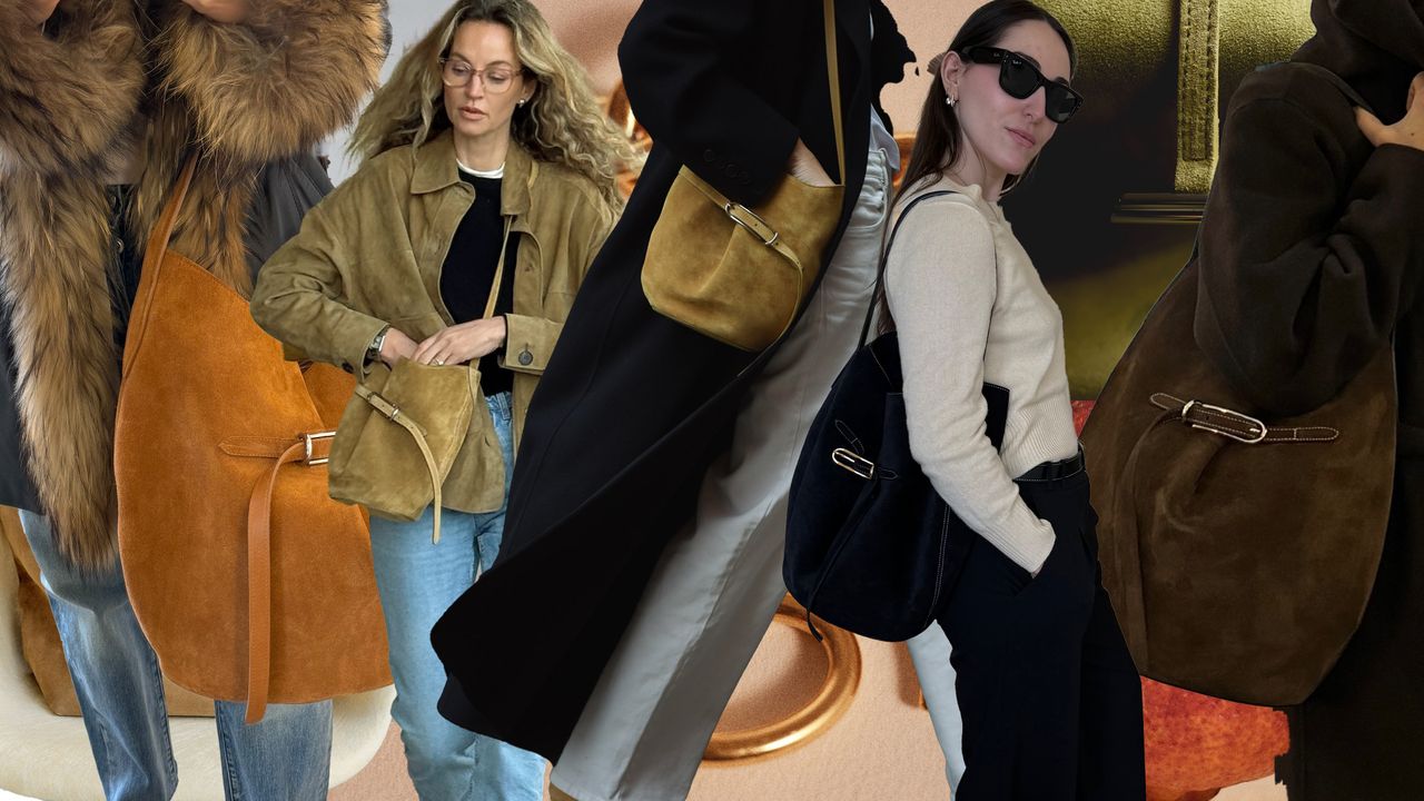 A collage of women wearing liffner bags.