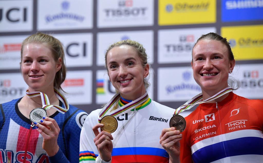 LR Silver medalist US Jennifer Valente Gold medalist Great Britains Elinor Barker and Bronze medalist Norways Anita Yvonne Stenberg pose on the podium after the womens 25km points final at the UCI track cycling World Championship at the velodrome in Berlin on March 1 2020 Photo by Tobias SCHWARZ AFP Photo by TOBIAS SCHWARZAFP via Getty Images