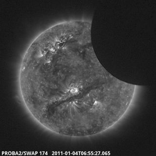 A European Space Agency microsatellite, called Proba-2, caught this view of the Jan. 4, 2011 partial solar eclipse, just before the Earth's atmosphere intervened.