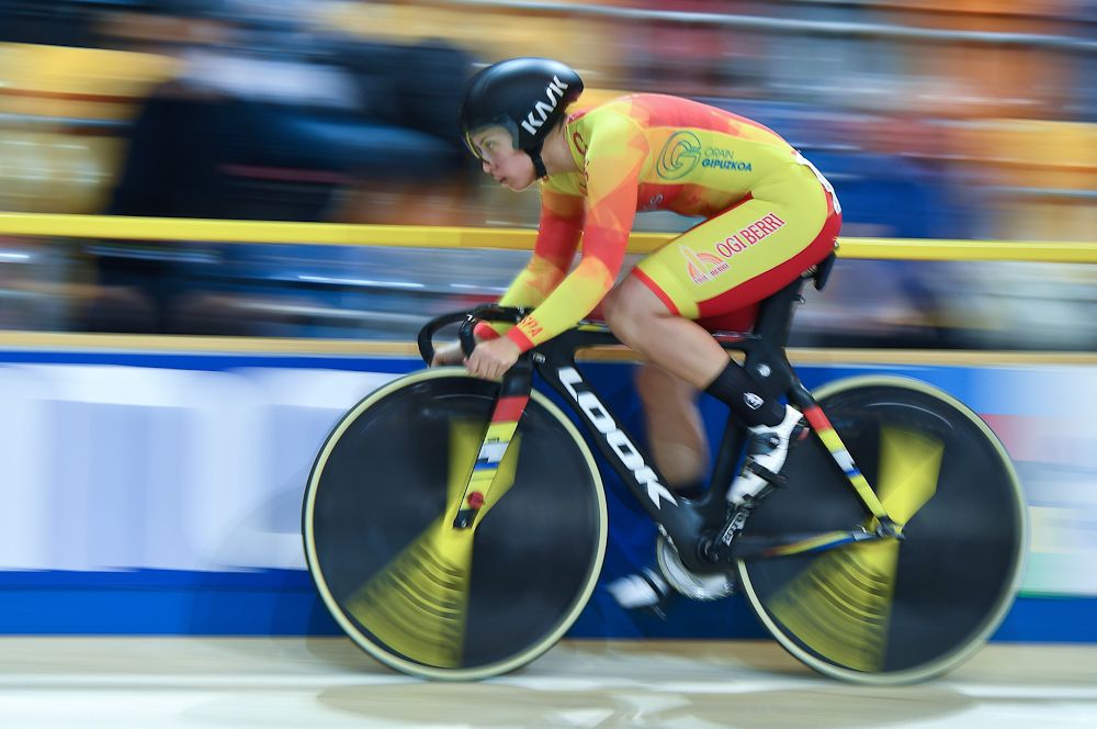 Spain's Tania Calvo Barbero takes part in the qualifying round for the women's sprint during the UCI Track Cycling World Championships in Apeldoorn