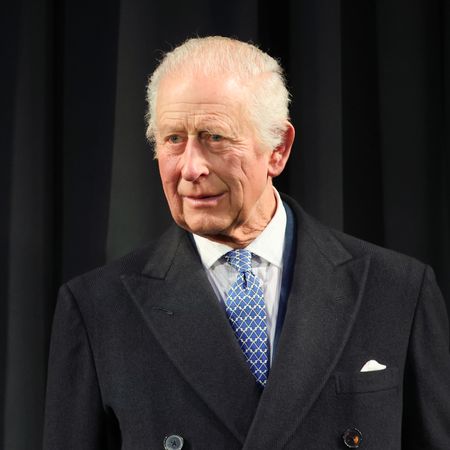 King Charles wears a dark overcoat with a white shirt and blue patterned tie