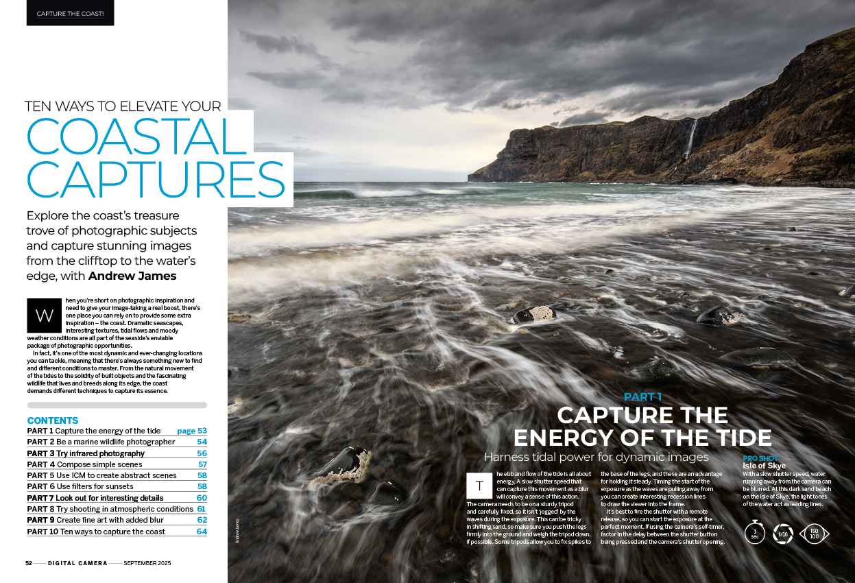 Image showing the first two pages of the cover feature of issue 298 (September 2025) of Digital Camera magazine, on the subject of coastal photography