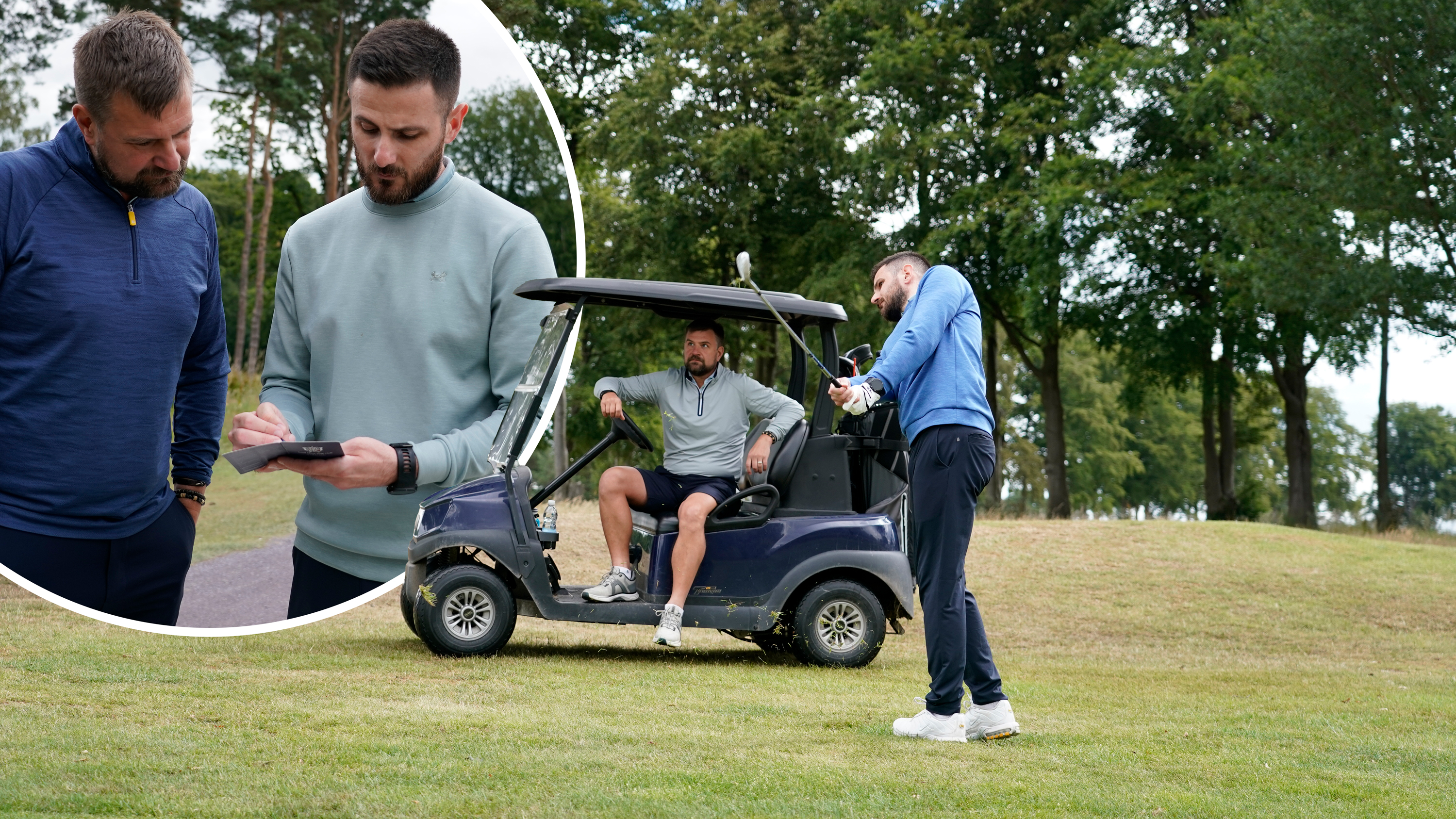 Baz Plummer hitting a shot in front of his coach, Alex James, with an inset image of them discussing data and findings from the round of golf to inform future lessons
