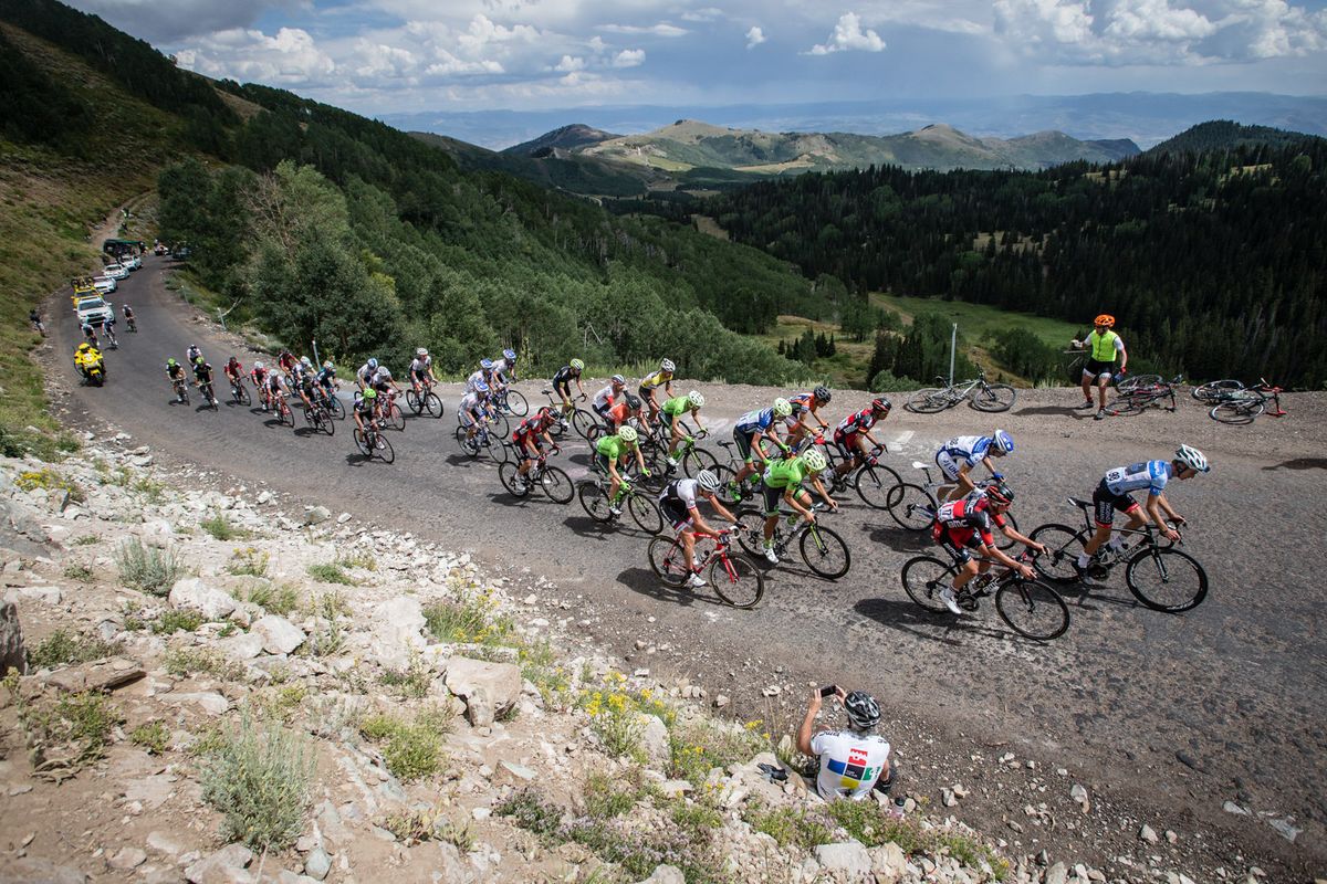 The peloton crests the Guardsman Pass climb