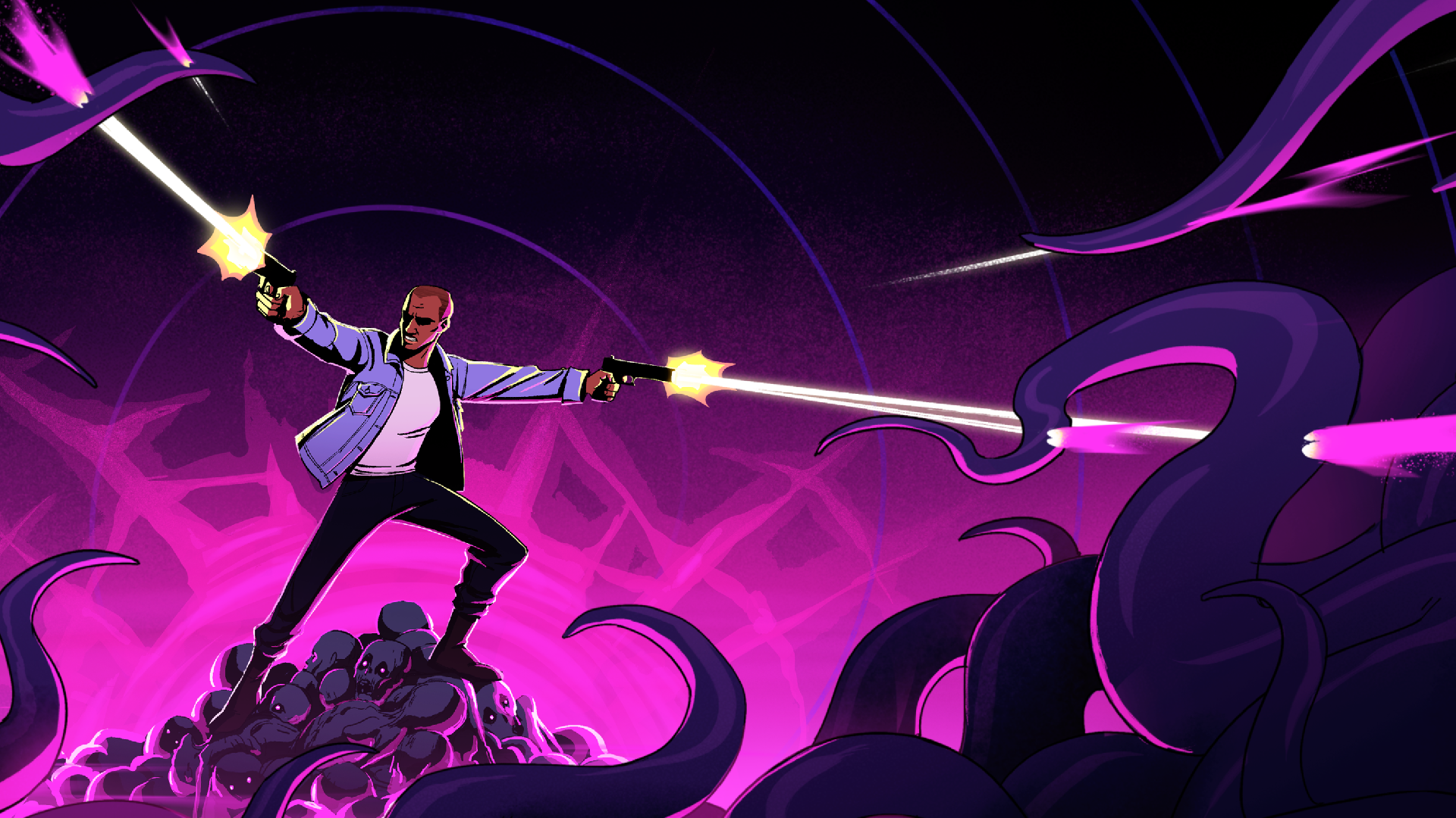The protagonist of El Paso, Elsewhere 2 stands amidst a mountain of corpses, firing dual pistols at a writhing mass of encroaching tentacles.