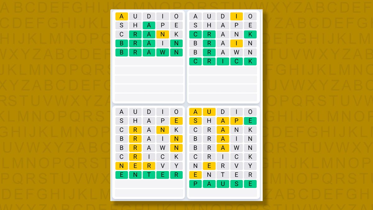 Quordle Daily Sequence answers for game 1480 on a yellow background