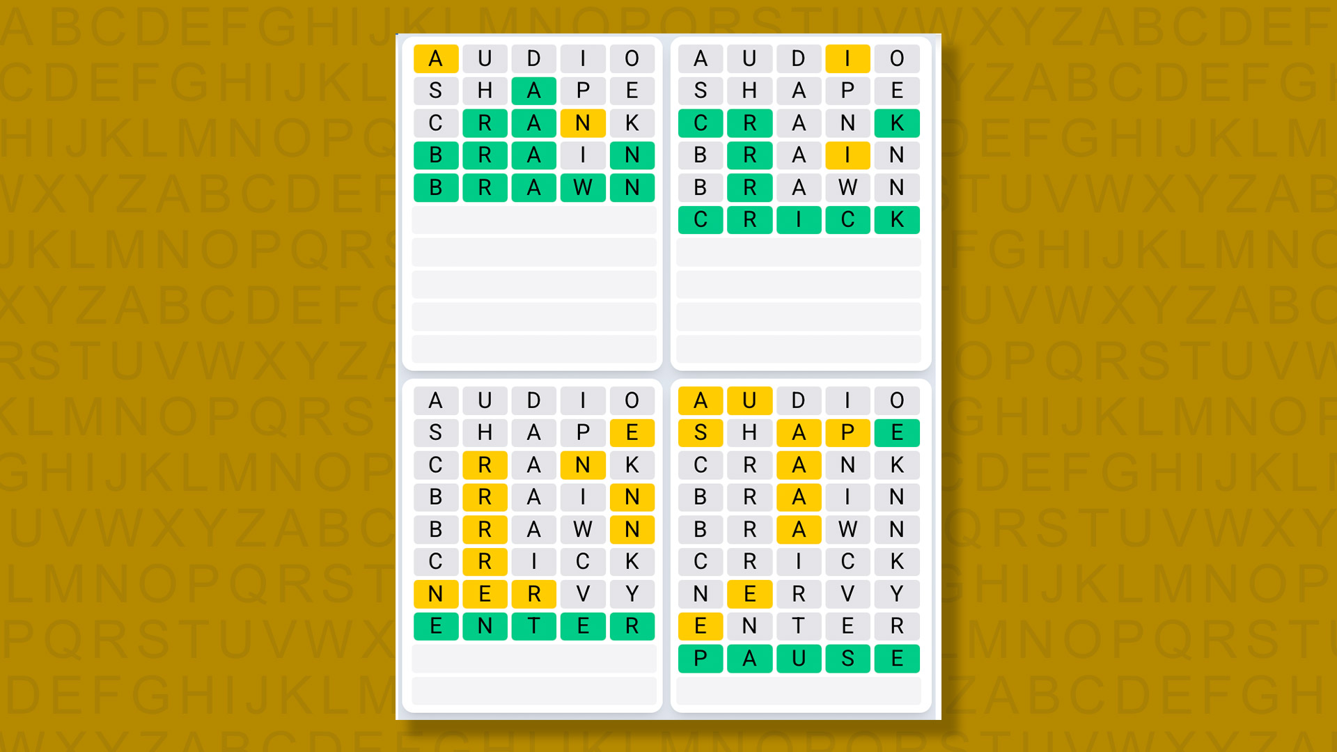 Quordle Daily Sequence answers for game 1480 on a yellow background
