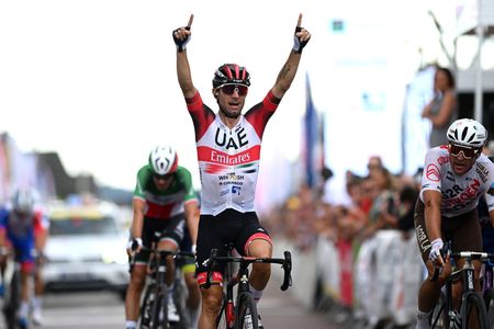 LIMOGES FRANCE AUGUST 18 Diego Ulissi of Italy and UAE Team Emirates celebrates at finish line as stage winner during the 55th Tour du Limousin Nouvelle Aquitaine 2022 Stage 3 a 1817km stage from Donzenac to Malemort TDL2022 on August 18 2022 in Limoges France Photo by Dario BelingheriGetty Images