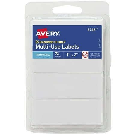 Avery Multi-Use Labels, 1&quot; X 3&quot;, Paper, Removable, White, Handwrite, 72 Labels