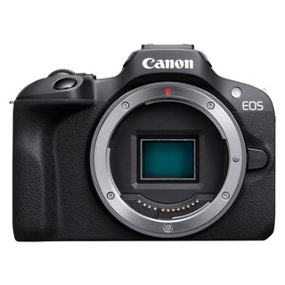 Canon EOS R100 camera body on white backdrop