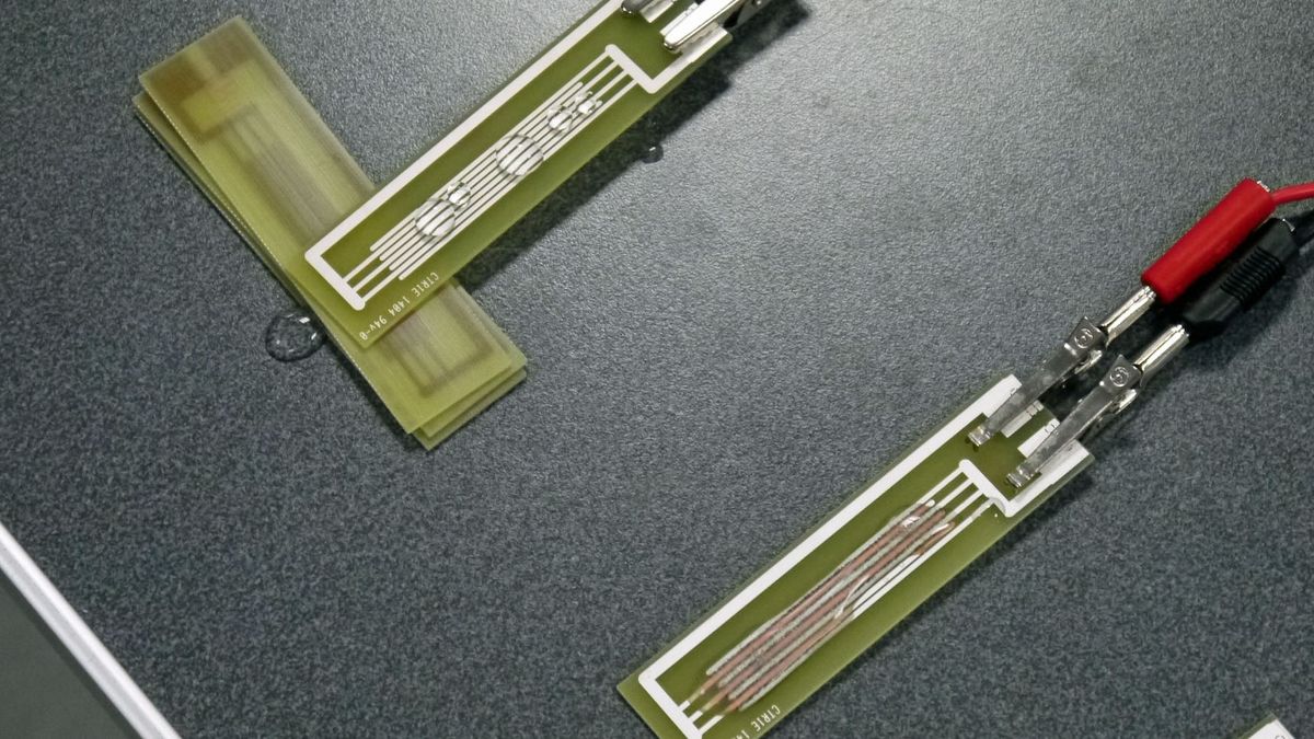 Passing a current through the circuit boards and the untreated board (R) suffers obvious corrosion while the P2i coated board (L) remains unharmed