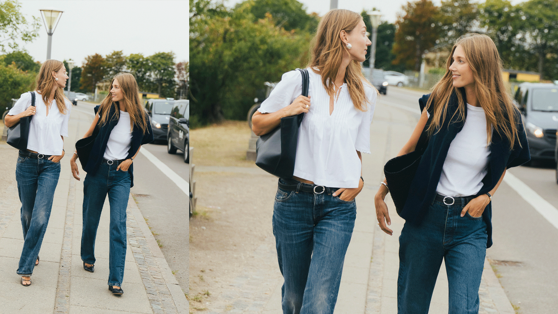 Two women are walking and talking in Copenhagen while posing. One wears a white t-shirt, flats, and jeans. Another wears white button-down, jean, and heels.