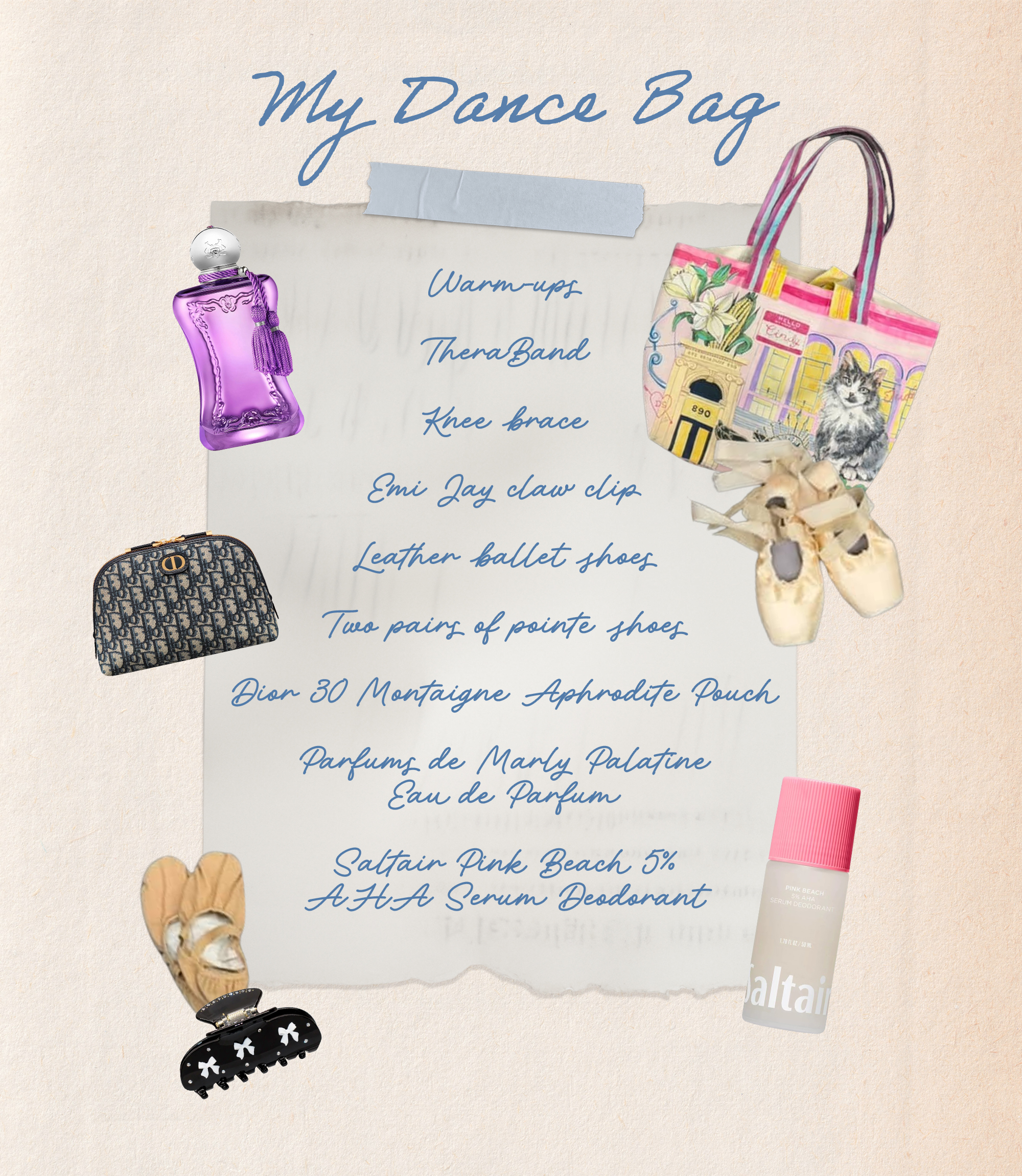 The contents of Isabella Boylston&#039;s dance bag featuring a fragrance, claw clip, and more