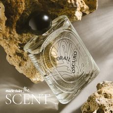 Les Essences De Diptyque Corail Oscuro shot on dried coral, with the words 'Marie Claire The Scent' featuring over the image