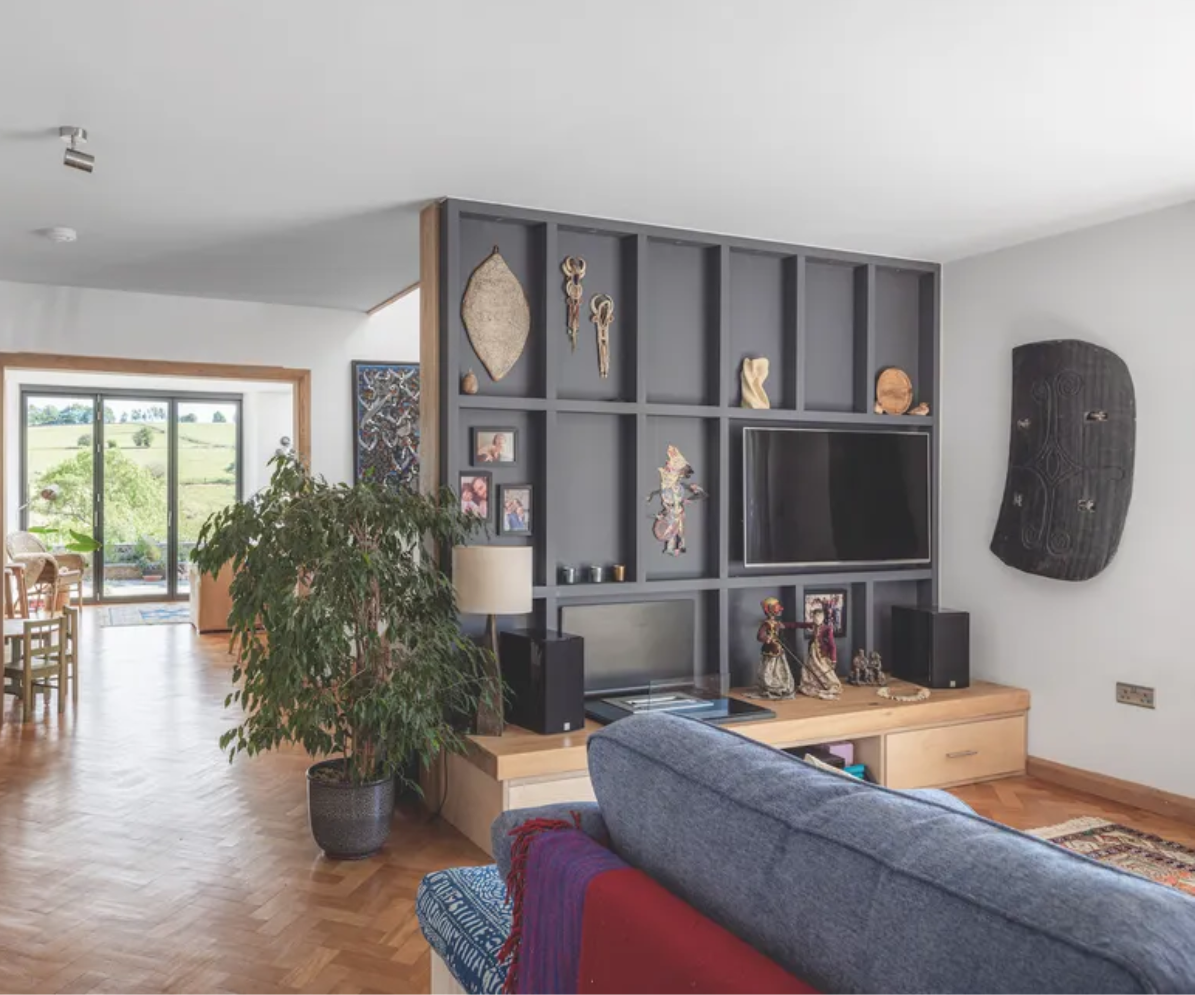 Grey media wall in living room