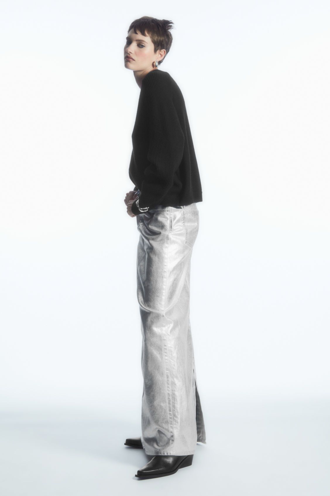 Coated-Denim Maxi Skirt