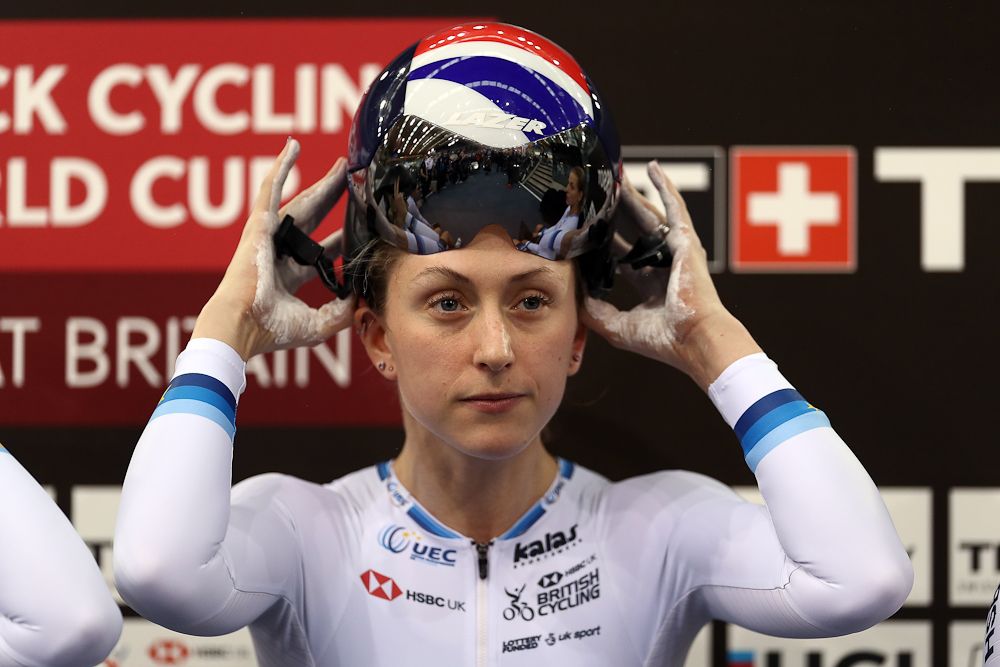 Laura Kenny of Great Britain prepares to compete in the first round of the Women's Team Pursuit on day One of the 2018 TISSOT UCI Track Cycling World Cup