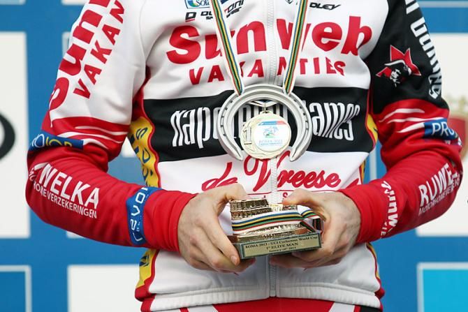 Men's winner Kevin Pauwels with his medal and trophy from the World Cup round in Rome.