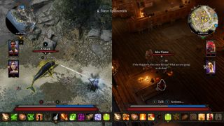 Local multiplayer games — in split-screen view, one Divinity: Original Sin 2 player battles a beachside horror, while another engages in tavern conversation.